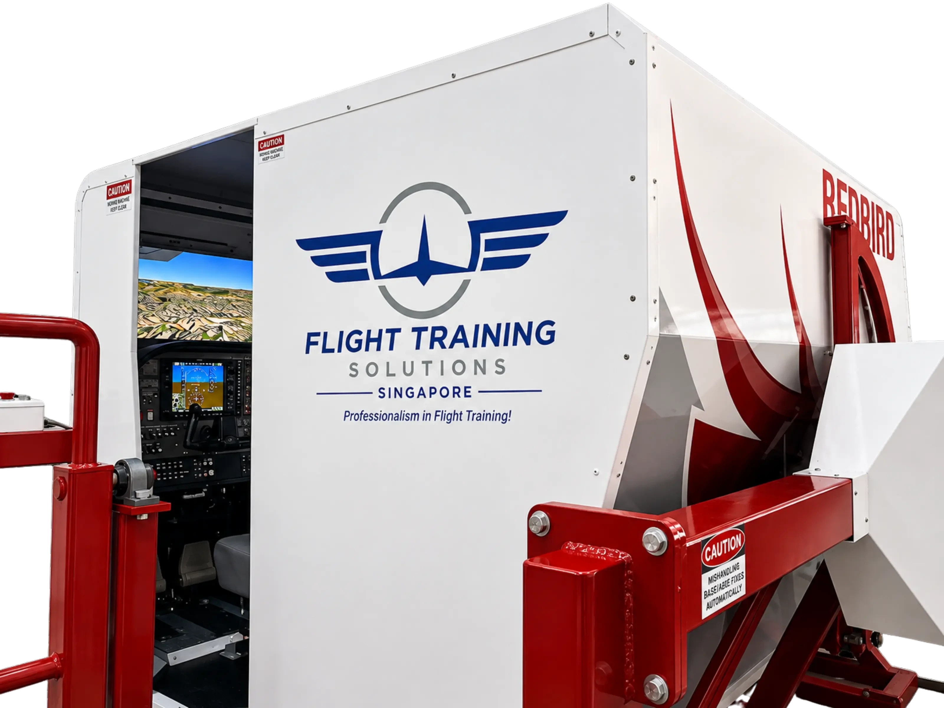 Redbird flight simulator displaying the Flight Training Solutions Singapore logo