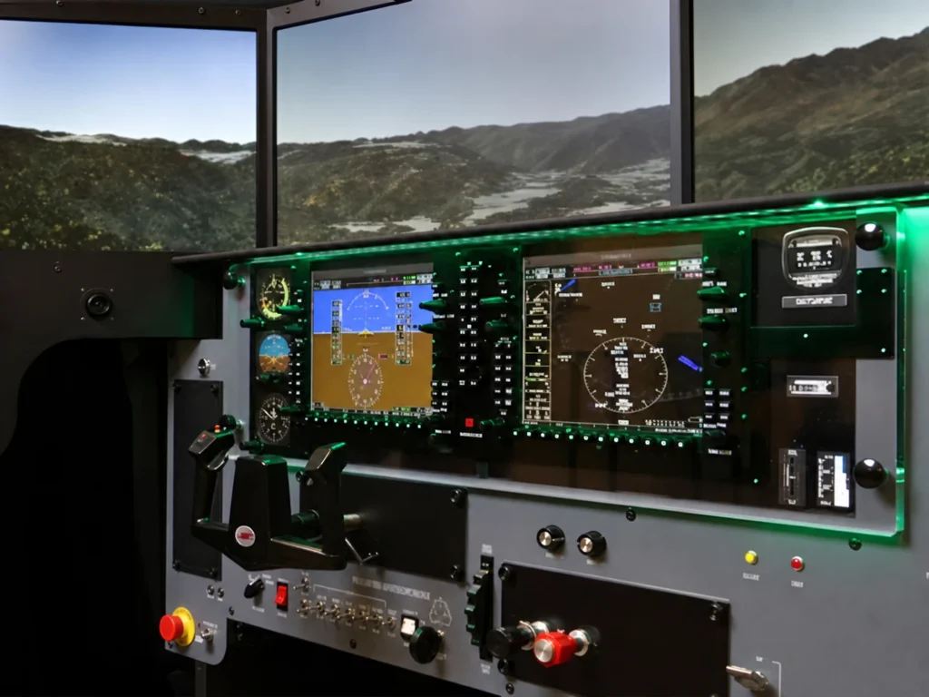 A glass cockpit instrument panel with a hand on the yoke