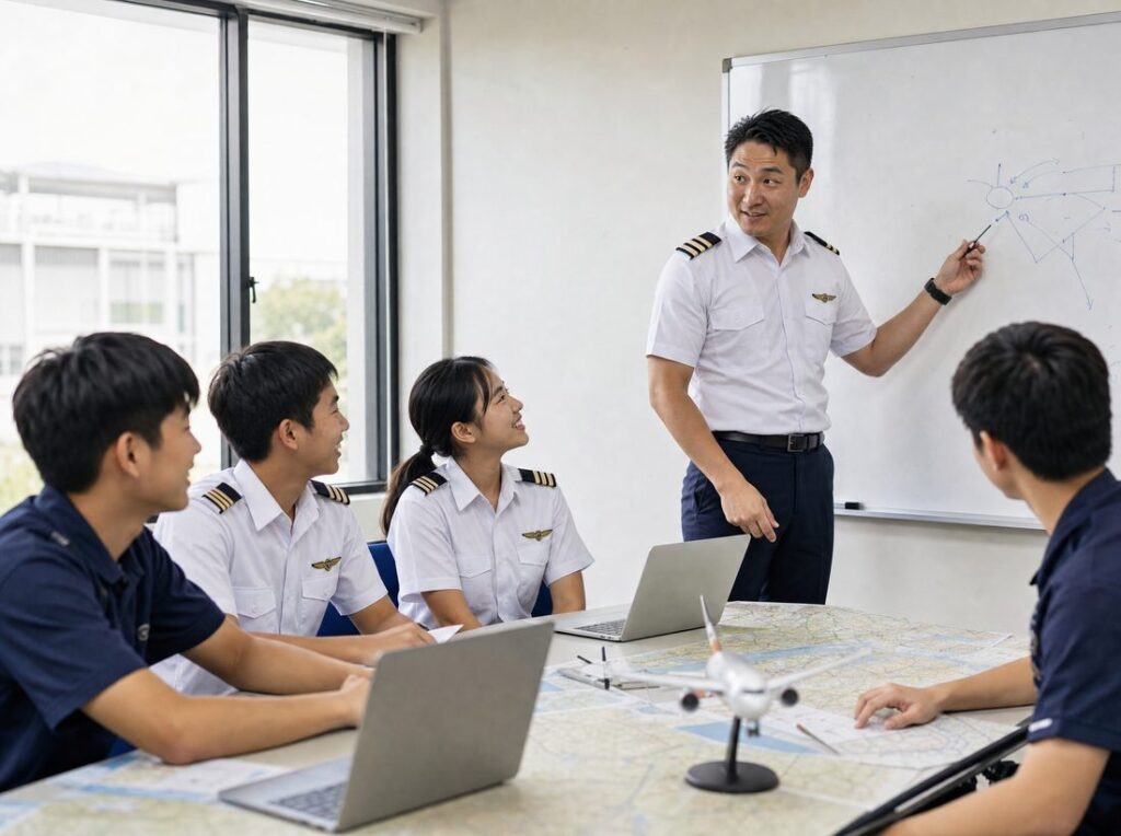 An instructor teaching a group of young aviation students