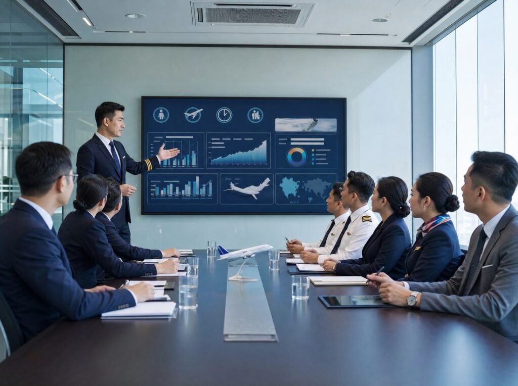 A facilitator leading a corporate debrief session