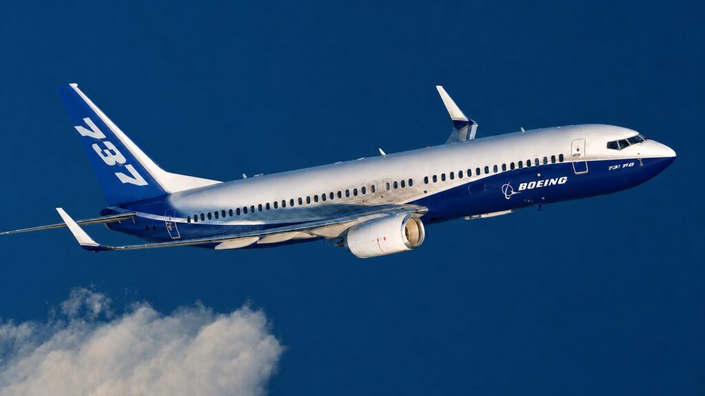 A Boeing 737 in Boeing livery in flight above a cloud