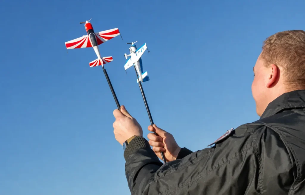 An instructor using aircraft models to demonstrate upset prevention and recovery